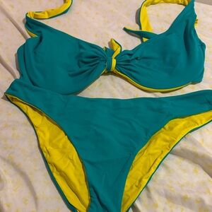 Teal and Yellow Reversible-Look Bikini Set